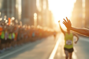 Runner triumphantly crossing the finish line at a marathon, showcasing determination and celebration of achievement in a vibrant setting