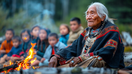 Native Alaskan Elder Storytelling Around Campfire	