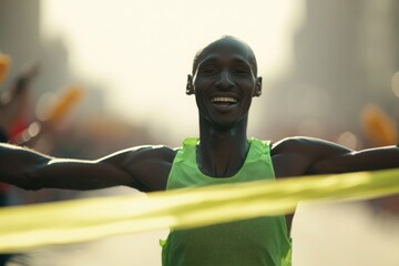 Marathon Finish Celebration, runner triumphantly crossing the finish line, surrounded by cheering spectators, capturing the spirit of achievement