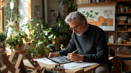 A senior man is focused on his digital tablet while sketching designs in cozy studio filled with plants and art supplies. His concentration reflects passion for creativity and design