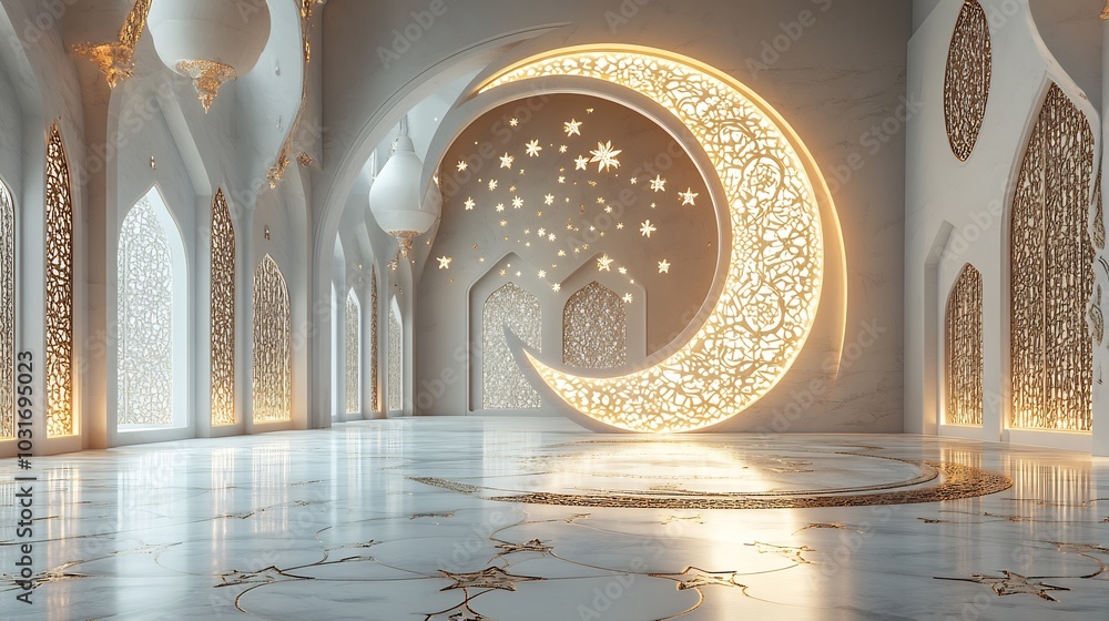 Aufkleber ramadan kareem card featuring 3d glowing stars crescent moon intricate islamic window patterns set a