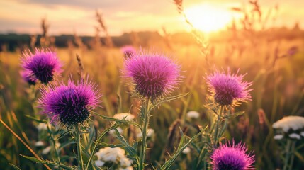 A field of purple flowers with a sun in the background