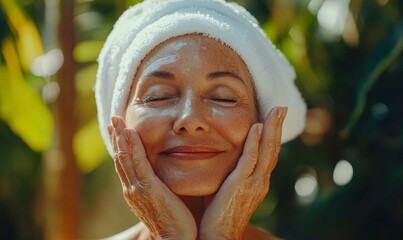 Mature senior woman getting facial treatment on spa treatment enjoying relax and vacation in resort, Generative AI