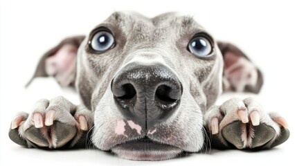 A close-up of a gray dog with blue eyes resting its head on its paws.