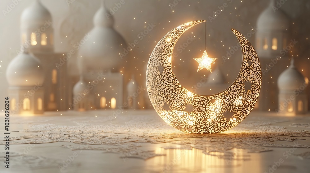 Poster ramadan kareem card featuring 3d glowing stars crescent moon intricate islamic window patterns set a