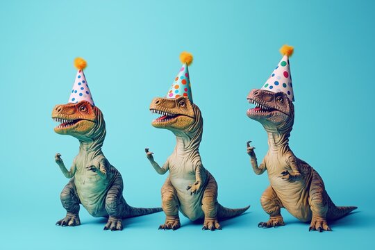 Three dinosaurs wearing party hats and standing in front of a blue background
