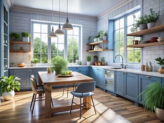 Fototapeta premium Surreal Scandinavian Kitchen with Wooden Blue Table and Morning Light