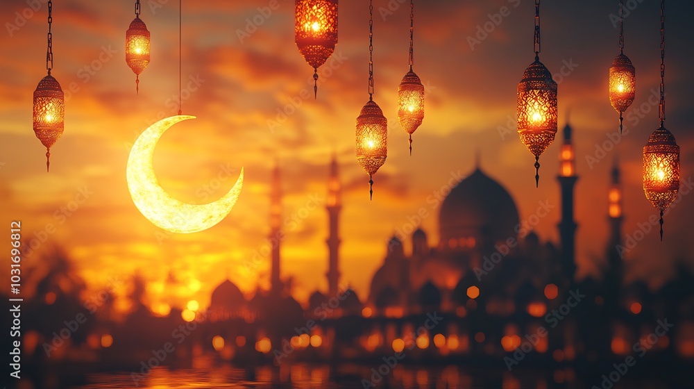 Poster ramadan kareem card featuring 3d crescent moon hanging arabic lanterns in front of a mosque silhouet