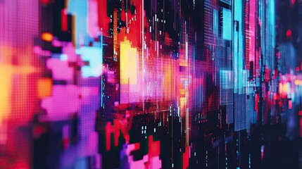 Abstract digital cityscape with glowing neon lights and pixelated textures