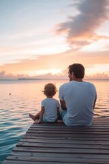 A father and child sit on a dock, enjoying a peaceful sunset over the water.