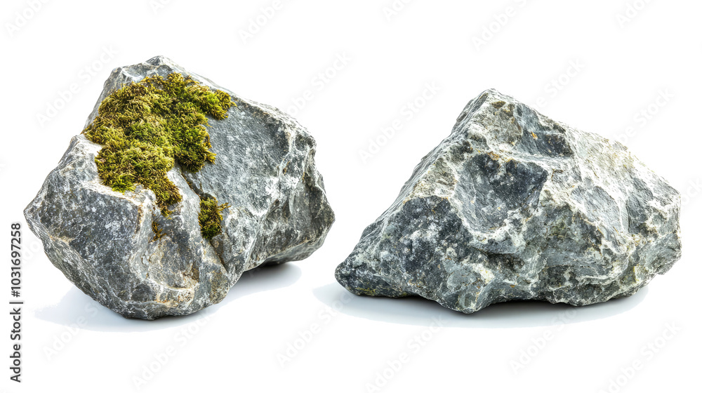 Poster natural tall rocks with moss isolated on a transparent background generative ai