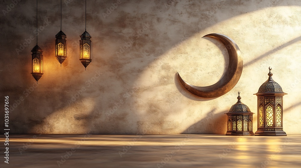 Poster ramadan kareem card featuring 3d kaaba crescent moon and lanterns glowing with warm light all agains