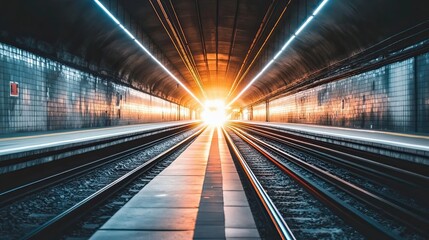 Fototapeta premium Train Tracks Leading Towards Bright Light at End of Tunnel
