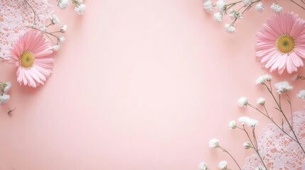 Fototapeta premium A serene arrangement of pink flowers and delicate white blooms on a soft pink background.