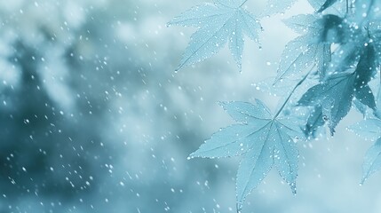 A serene scene of blue leaves with raindrops, evoking tranquility and nature's beauty.