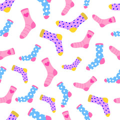 Vector pattern with colorful cute pink, blue, purple socks