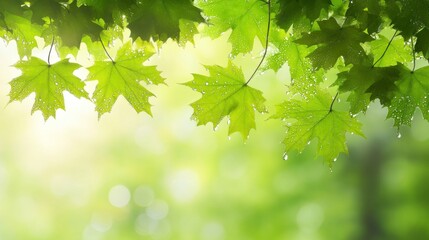 A serene view of green leaves with droplets, evoking a fresh, natural atmosphere.