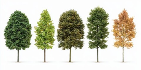 Obraz premium Five Trees in Different Stages of Foliage Autumn Colors Isolated on White Background