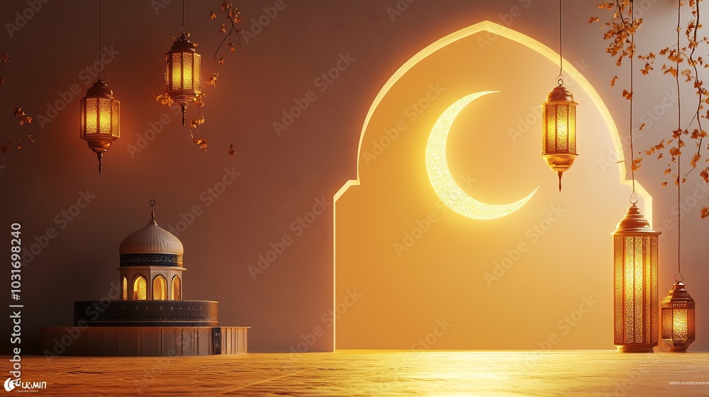 Poster ramadan kareem card featuring 3d kaaba crescent moon and lanterns glowing with warm light all agains