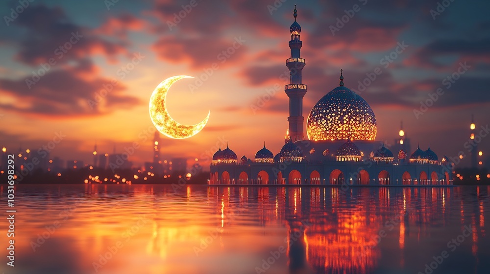 Poster ramadan kareem card featuring 3d minaret with a glowing crescent moon and geometric islamic patterns
