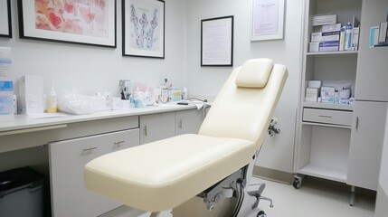 Medical Examination Room with White Exam Table and Storage Cabinets