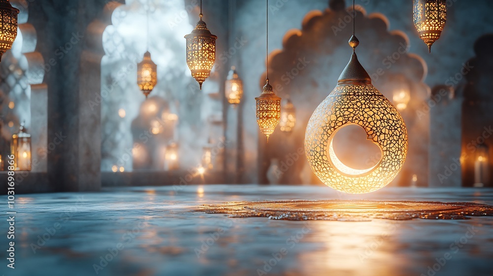 Poster ramadan kareem card featuring 3d minaret with a glowing crescent moon and geometric islamic patterns