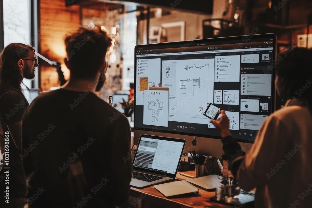 Poster a team of executives in a modern office space, standing around a large digital display reviewing qua