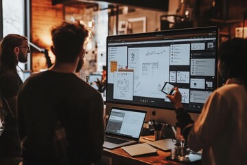 A team of executives in a modern office space, standing around a large digital display reviewing quarterly performance reports