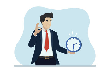 Time management planning, working time management concept. Businessman with clock. Business vector illustration.