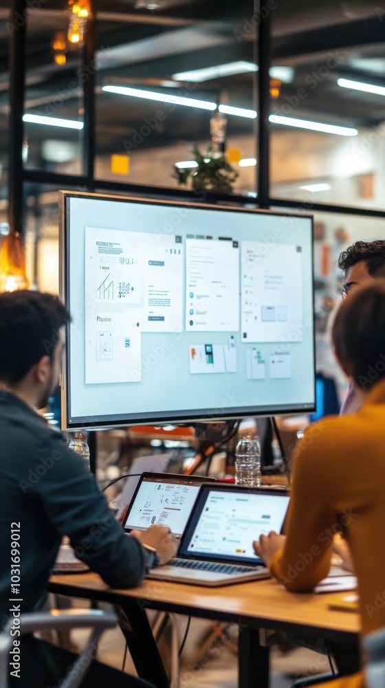 Poster a team of executives in a modern office space, standing around a large digital display reviewing qua