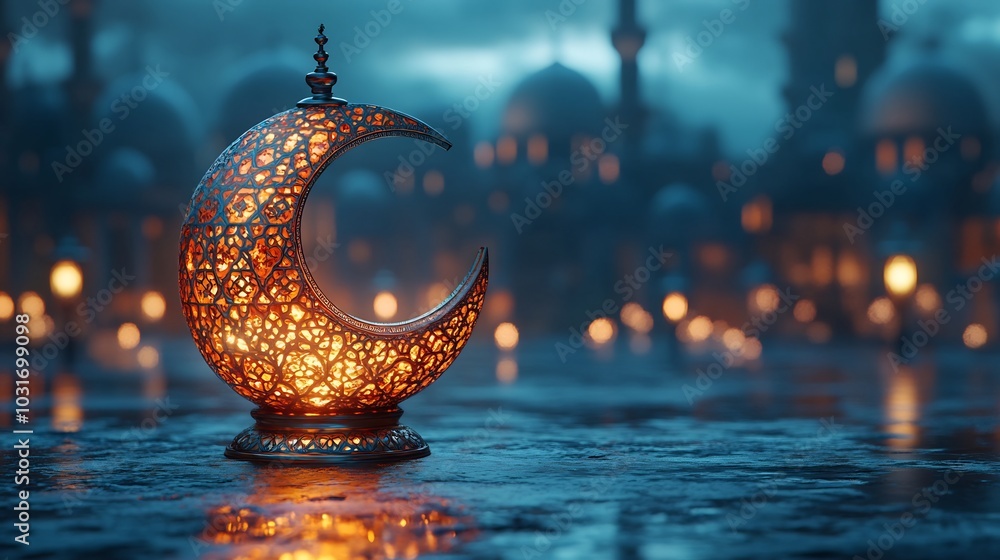 Poster ramadan kareem card featuring 3d minaret with a glowing crescent moon and geometric islamic patterns