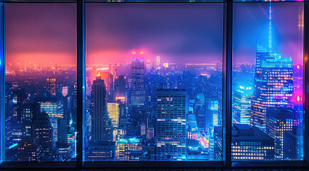 A breathtaking dark cityscape viewed from a high-rise with wide glass window on a foggy night. The city is alive with neon lights in shades of blue, and purple.