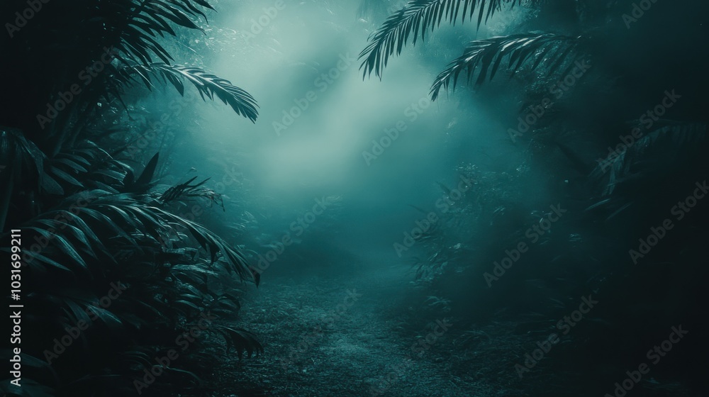 Poster A misty forest path shrouded in fog, creating an atmospheric and mysterious environment.