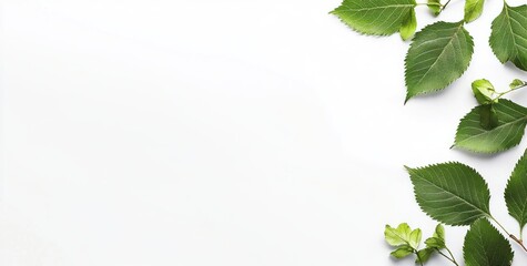 A minimalist layout featuring green leaves on a white background for design purposes.
