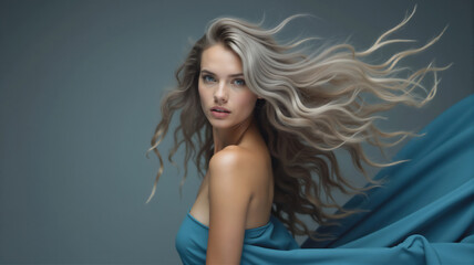 Beautiful blond woman posing with flowing hair and blue dress