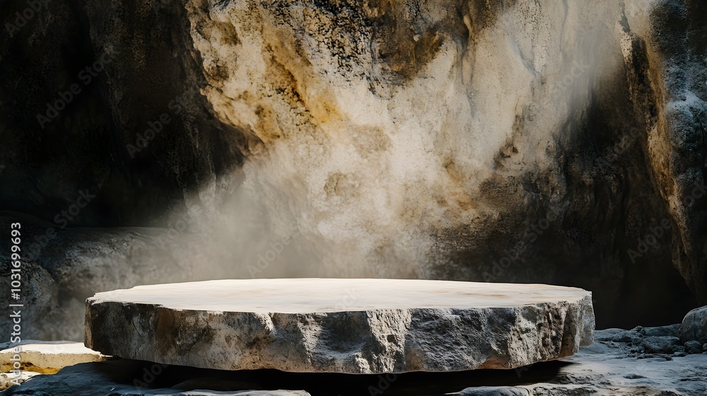 Poster rough hewn stone podium in natural cave setting with soft diffused lighting for product concept disp