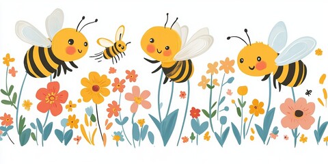 Bees actively pollinating and aiding in the growth of plants. Bees are depicted buzzing around colorful flowers, collecting pollen and nectar, Generative AI