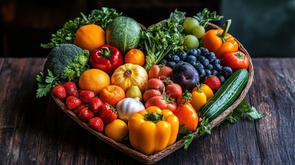 Heart-shaped arrangement of fresh fruits and vegetables.