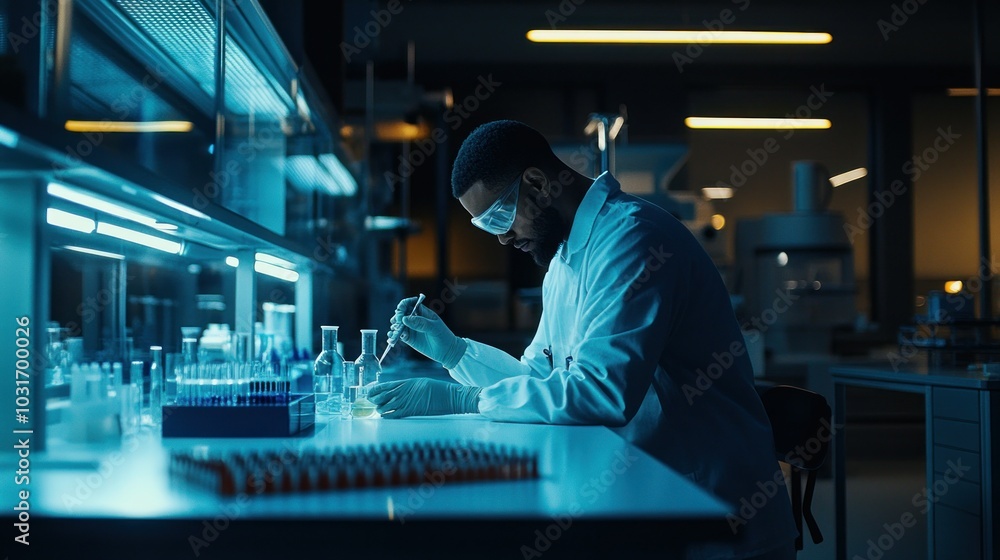 Poster A Scientist Working in a Laboratory, Using a Pipette to Transfer Liquid into a Beaker