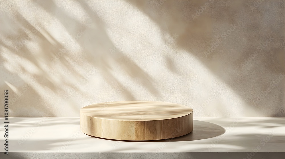Poster modern circular wooden podium with soft overlapping shadows for product display