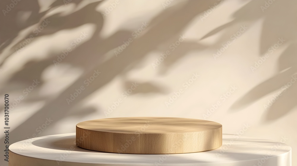 Poster circular wooden podium in minimalist backdrop with soft shadows for product display concept