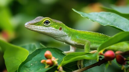 Fototapeta premium Vibrant Green Lizard on Fresh Coffee Plant Leaves
