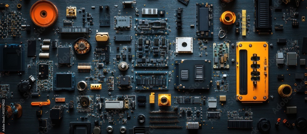 Poster an abstract flat lay composition with various electronic components, microchips, and circuits on a d