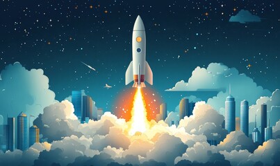 Obraz premium Rocket Launch, A sleek rocket blasts off from a bustling cityscape, leaving a trail of smoke and representing the explosive growth potential of innovative, Generative AI