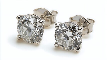 Diamond Stud Earrings  Silver  Close Up  Isolated on White Background
