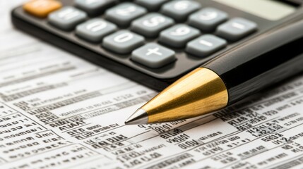 Close up of Calculator  Pen  and Financial Documents