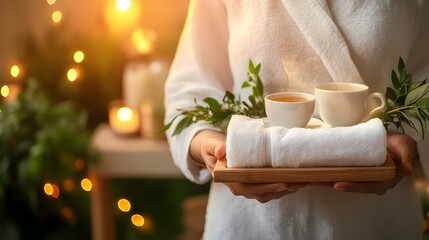 Luxury Spa Receptionist Offering Warm Towel and Herbal Tea to Relaxing Guest in Tranquil Ambiance