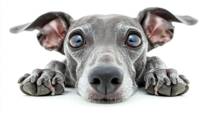 A close-up of a gray dog with big eyes lying on a white background, showcasing its playful demeanor.