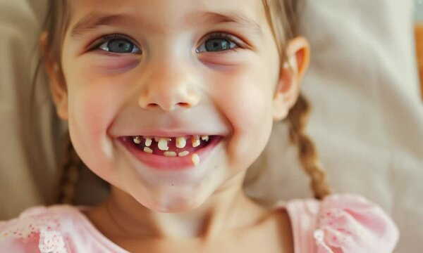 Close-up of a young girl with blue eyes and a big smile, showing missing teeth.