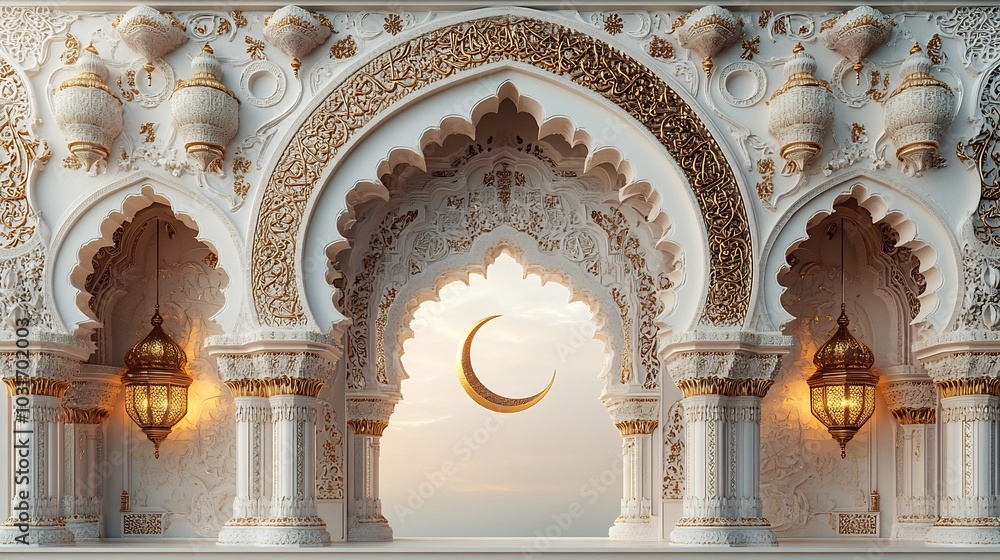 Aufkleber ramadan kareem card an intricate 3d islamic archway hanging lanterns and a crescent moon with ample 